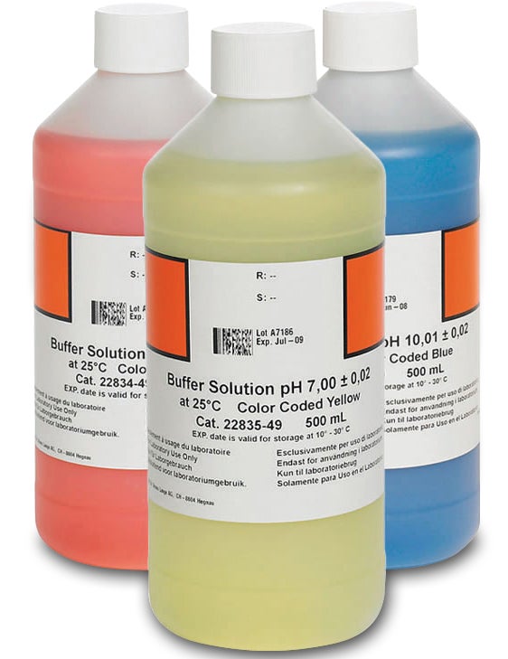 Súprava roztokov pufra, farebne odlíšené, pH 4,01, pH 7,00 a pH 10,01, 500 mL